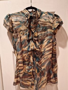 Milly of New York - Teal Brown Cream Abstract Camo Ruffle Sheer Silk Blouse - 10